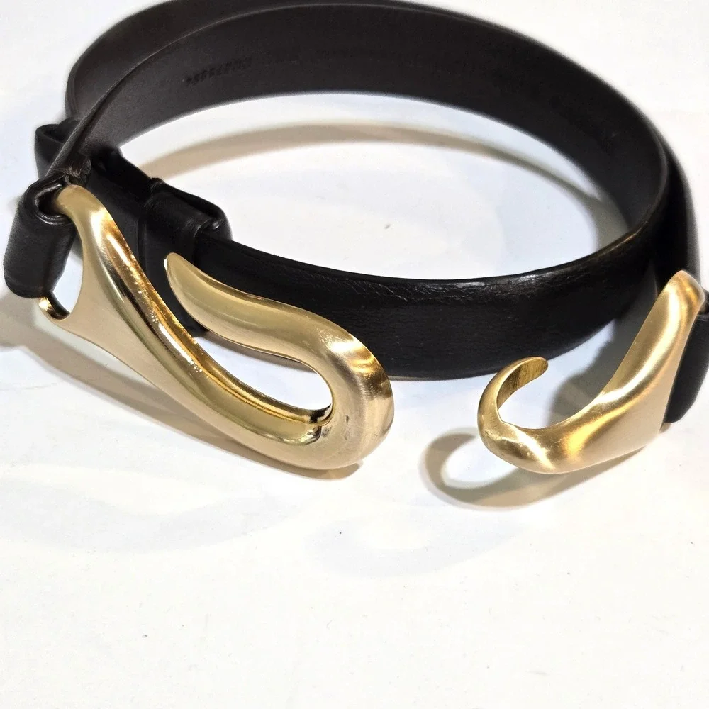 Chico's Leather Belt Women S/M Dark Brown Satin Gold Hook Adjustable 25
